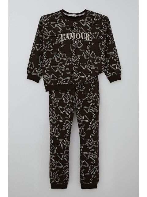 Breeze Kız Çocuk Eşofman Takımı Fiyonk Desenli Bağcık Aksesuarlı Koyu Kahve (4-8 Yaş)