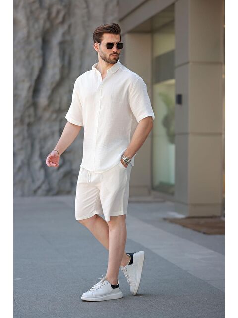 Madmext Beyaz Basic Erkek Şort Gömlek Takım E7321 - S000437717-20063
