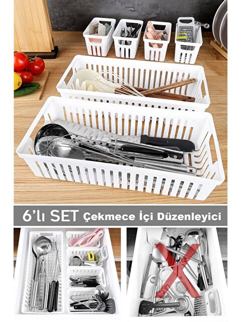 Meleni Home 6 Parça Modüler Çekmece İçi Organizer Set - Banyo Mutfak Makyaj Aksesuar Ofis Düzenleyici Beyaz - S000398529-20063