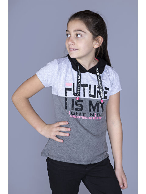 Toontoykids Kız Çocuk Kapüşonlu Baskılı Garni Detaylı Tişört - S000359034-74