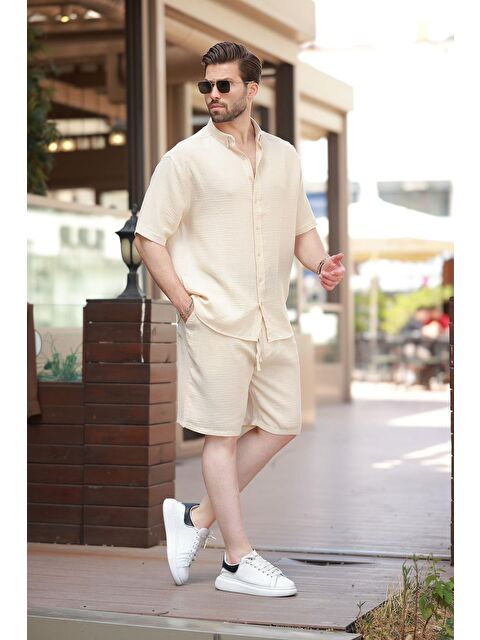 Madmext Bej Basic Erkek Şort Gömlek Takım E7321 - S000437717-19928