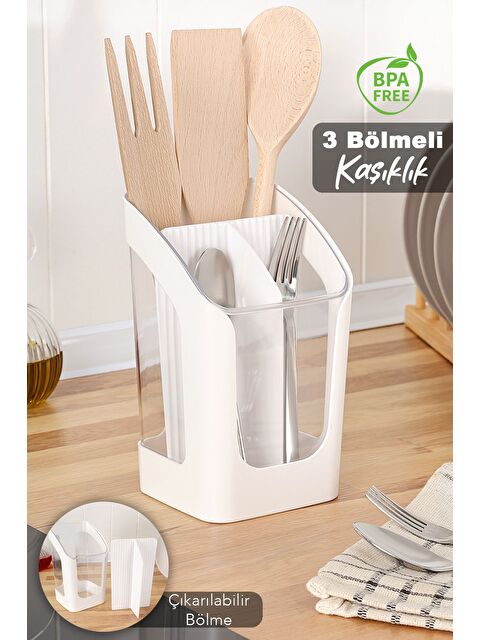 Meleni Home 3 Bölmeli Tezgah Üstü Kaşıklık - Çıkarılabilir Bölmeli Kaşık Bıçak Standı Mutfak Organizer Beyaz - S000398530-20063