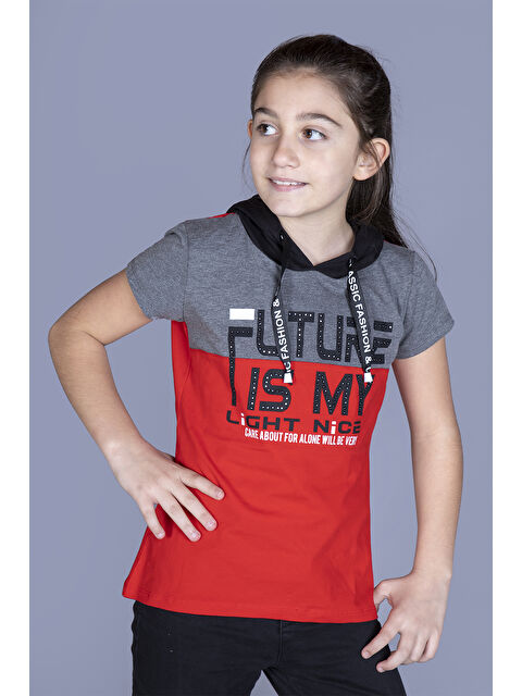 Toontoykids Kız Çocuk Kapüşonlu Baskılı Garni Detaylı Tişört - S000359034-20045