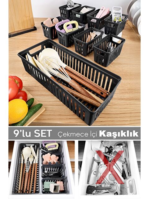Meleni Home 9 Parça Modüler Kaşıklık Seti - Çok Amaçlı Çekmece İçi Düzenleyici Mutfak Organizer Kepçelik Siyah - S000398531-19351