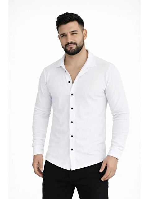 Jane's Erkek Waffle Kumaş Uzun Kollu Düğmeli Açık Yaka Regular Fit Gömlek - Beyaz
