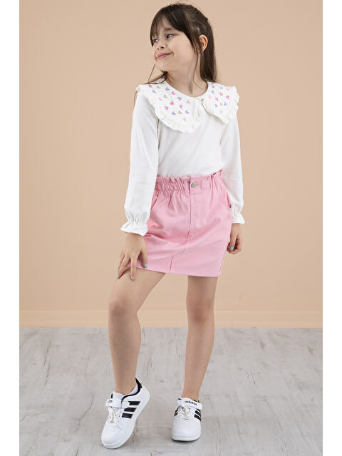 Cansın Mini Pembe Yakası Kalp Nakışlı Badili Jean Etekli Kız Çocuk Takım 20332 - S000342531-20024