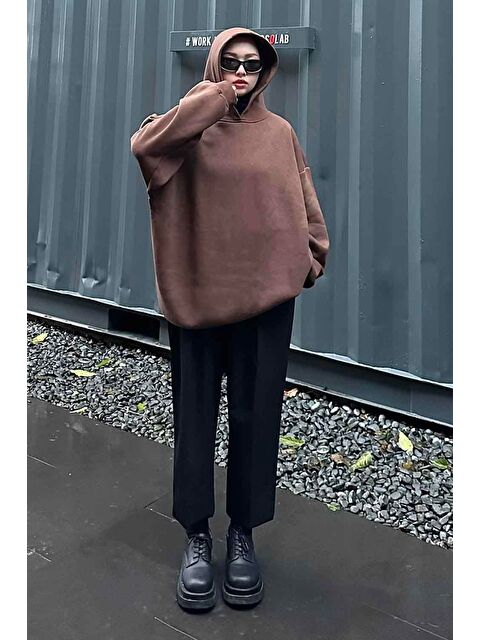 Lamelif Kapüşonlu Salaş Sweatshirt Acı Kahverengi - S000517863-28102
