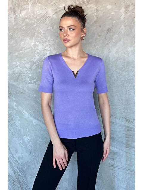 Gülseli Kadın V Yaka Aksesuarlı Triko Bluz - S000386554-17878