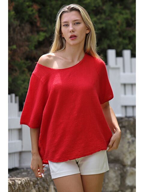 Chiccy Kırmızı Havuz Yaka Kısa Kol Yıkamalı Dokuma Casual Bluz - S000468827-20045