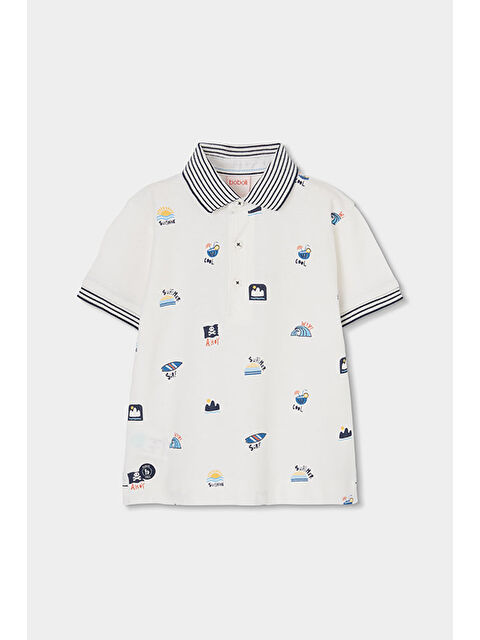 Boboli Surf Desenli Polo Yaka Tshirt 2-6 Yaş Beyaz
