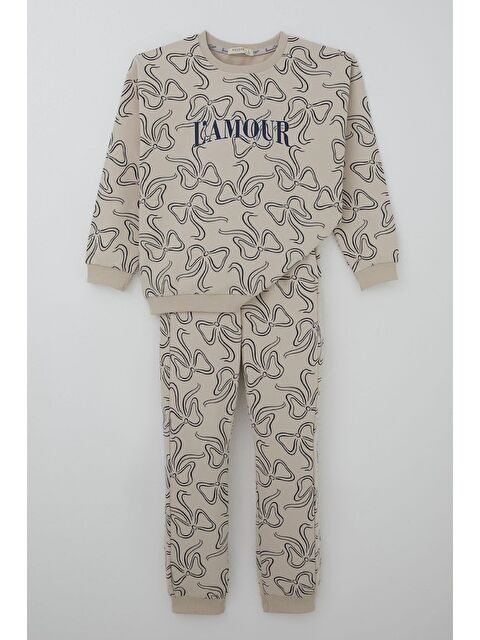 Breeze Kız Çocuk Eşofman Takımı Fiyonk Desenli Bağcık Aksesuarlı Taş (4-8 Yaş)