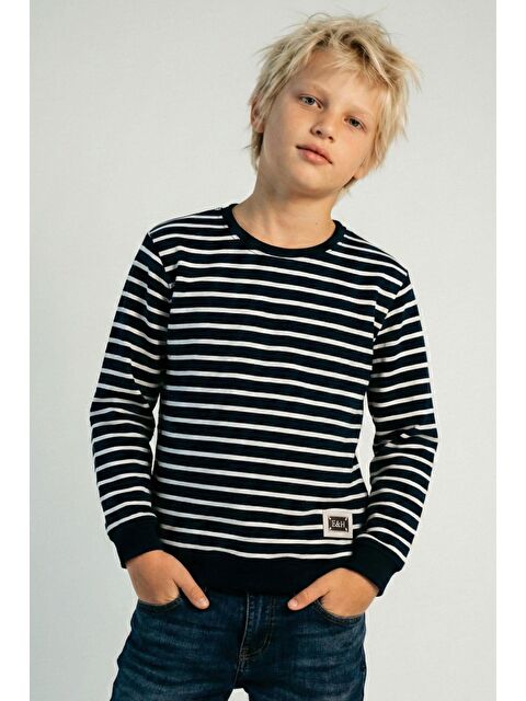 Breeze Erkek Çocuk Sweatshirt Arma Detaylı Çizgili Lacivert (4-8 Yaş) - S000527114-21164