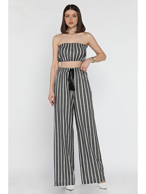 Gülseli Kadın Çizgi Desenli Straplez Crop Top Bluz Palazzo Pantolon İkili Takım - S000386563-29666