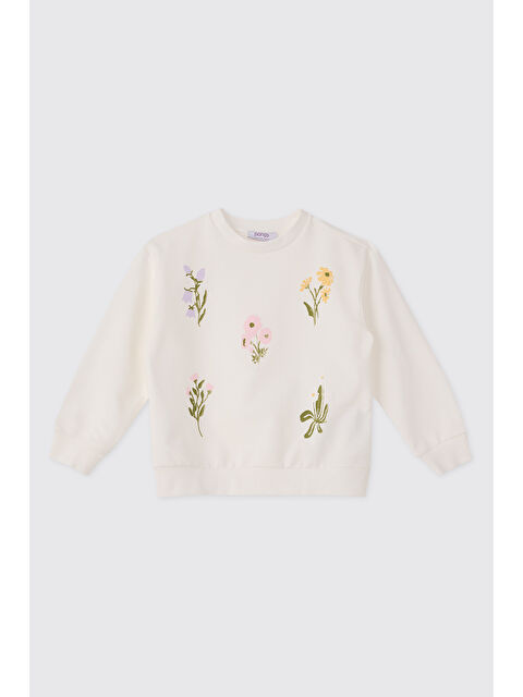 Panço Kız Çocuk Baskılı Ekru Sweatshirt