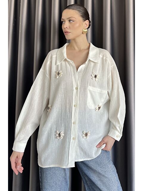 Gülseli Kadın İşlemeli Tek Cepli Gömlek - S000379700-25636