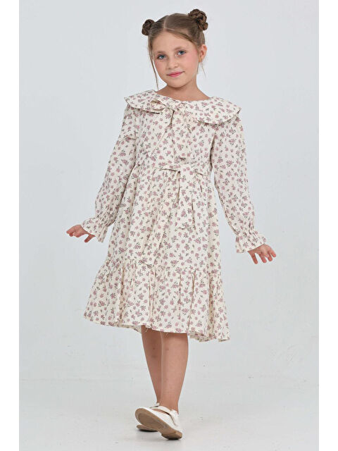 Modanino Kız Çocuk Fiyonk Yakalı Bel Kuşaklı Çiçek Desenli Kloş Etekli Elbise 12301 - S000452604-23490