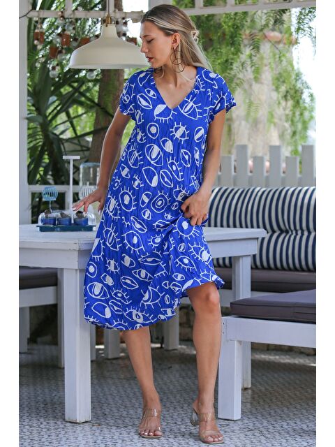 Chiccy Mavi V Yaka Düşük Kol Allover Baskılı Dokuma Casual Bürümcük Elbise - S000359029-17234