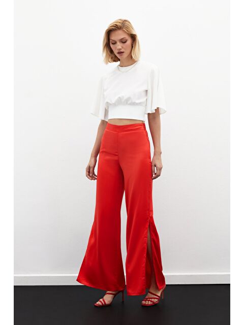 SATEEN Yırtmaç Detaylı Saten Pantolon - Mercan - S000323716-19963