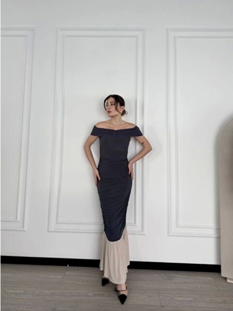 Jane's Striptiz Omuzlu Uzun Elbise- Füme - S000527663-33408