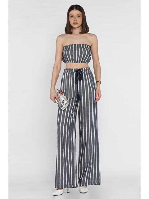 Gülseli Kadın Çizgi Desenli Straplez Crop Top Bluz Palazzo Pantolon İkili Takım - S000386563-21164