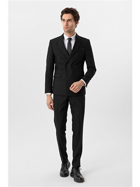 Süvari Siyah Slim Armürlü Sivri Yaka 6 Drop Takım Elbise - S000460393-19351