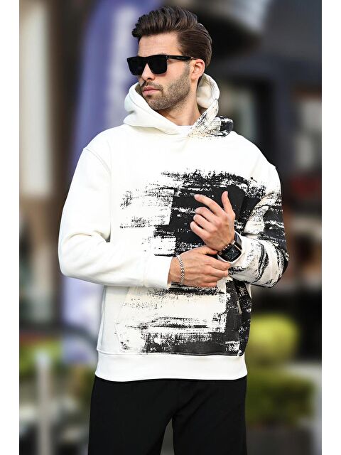 Madmext Ekru Kapüşonlu Desenli Cep Detaylı Erkek Sweatshirt 7059 - S000241211-19965