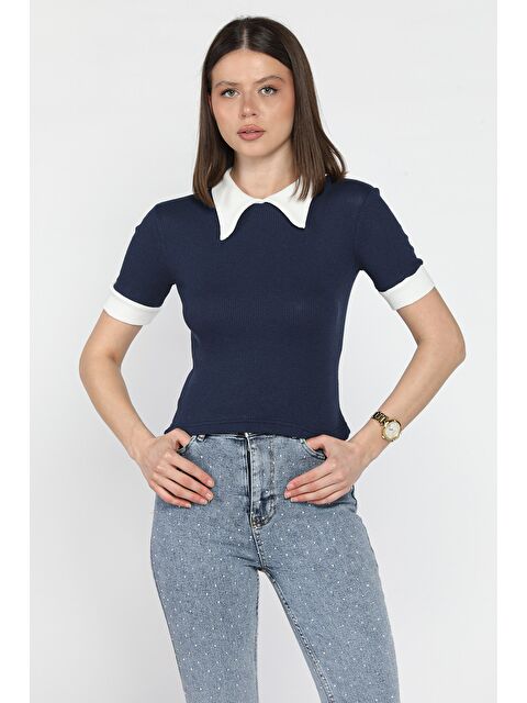 Gülseli Kadın Polo Yaka Renk Garnili Kaşkorse Bluz - S000386547-21164