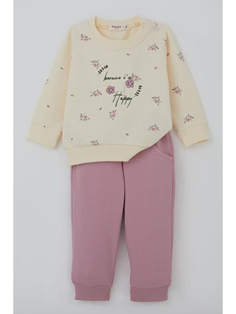 Breeze Kız Bebek Eşofman Takımı Pembe Çiçek Desenli Krem (6 Ay-2 Yaş)