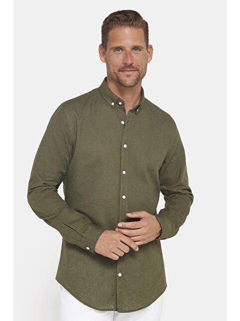 TUDORS Erkek Slim Fit Dar Kesim Uzun Kollu Keten Premium Seri Düğmeli Yaka Spor Haki Gömlek