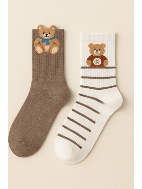 Katia And Bony Kadın Teddy Bear Desenli 2'Li Soket Çorap Ekru- Kahverengi