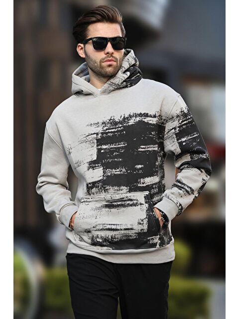 Madmext Boyalı Gri Kapüşonlu Desenli Cep Detaylı  Erkek Hoodie 7059 - S000241211-22875