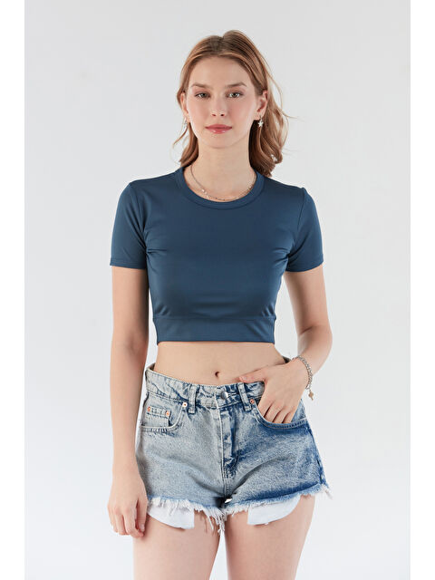 Fullamoda Basic Bisiklet Yaka Crop Tişört - S000380839-29666