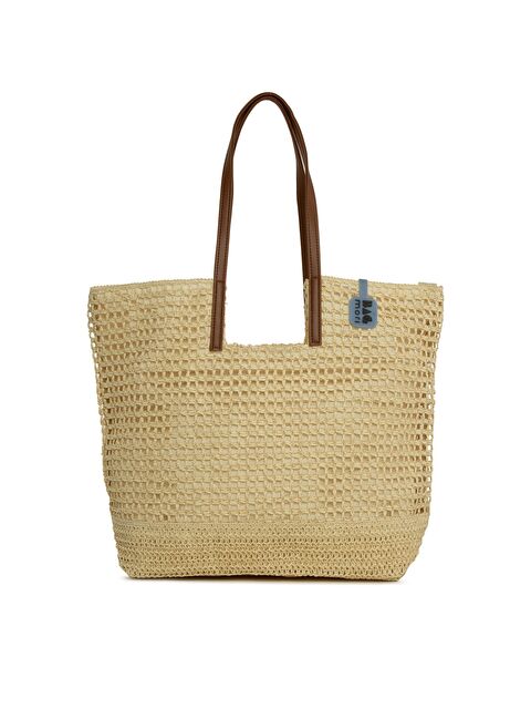 Bagmori Deri Askılı Büyük Örgülü Hasır Büyük Çanta