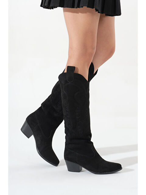 TONNY BLACK Kadın Siyah Süet Termo Taban Nakışlı Western Kovboy Bot - S000493031-6381