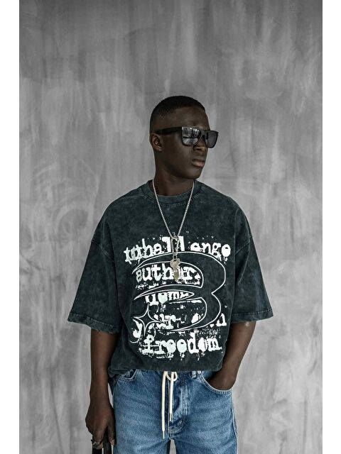 Abluka Online Erkek Yıkamalı İşlemeli Oversize Baskılı Premium Tişört Siyah - S000365682-19351