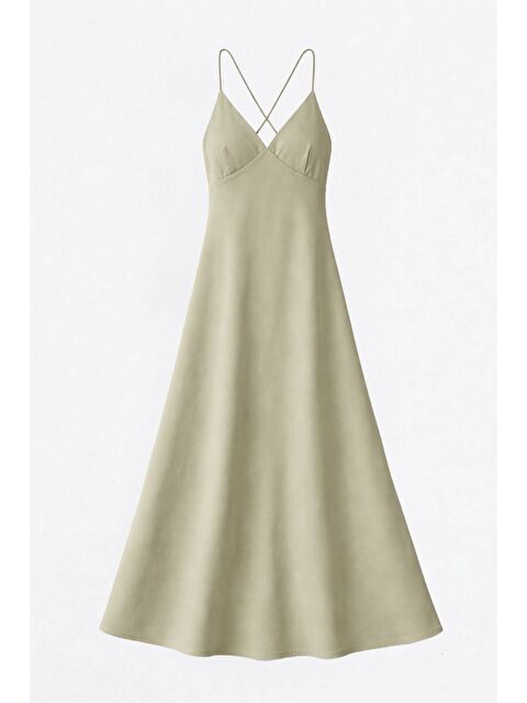 QUZU Çapraz İp Askılı V Yaka Uzun Elbise Haki