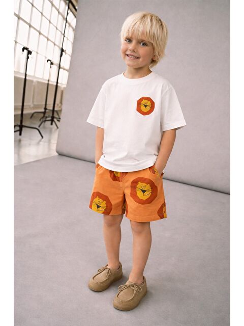 Monila Erkek Çocuk Pamuklu Ekru Aslan Baskılı T-Shirt Ve Şort Alt Üst Takım