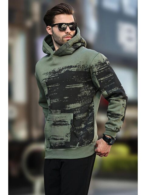 Madmext Haki Kapüşonlu Desenli Cep Detaylı  Erkek Hoodie 7059 - S000241211-18547