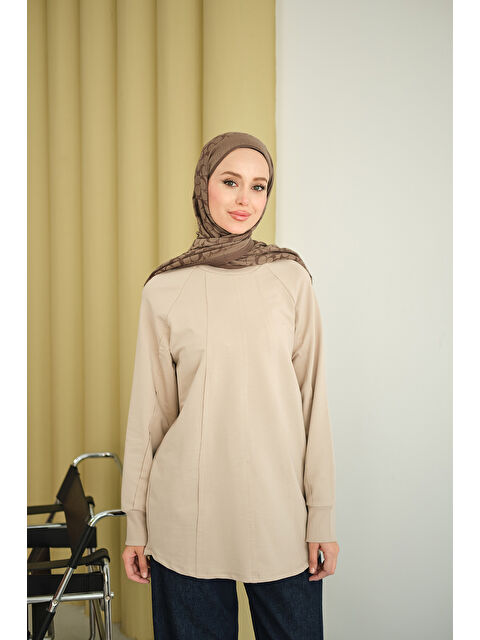 Locco Moda Kadın Dikiş Detaylı Bisiklet Yaka Sweat Krem - S000494467-19966