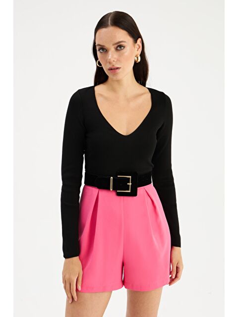 SATEEN V Yaka Crop Triko - Siyah - S000324348-19351