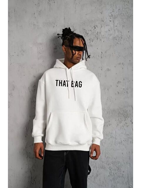 Jane's Erkek Kanguru Cep Baskılı Kapüşonlu Sweatshirt - Beyaz