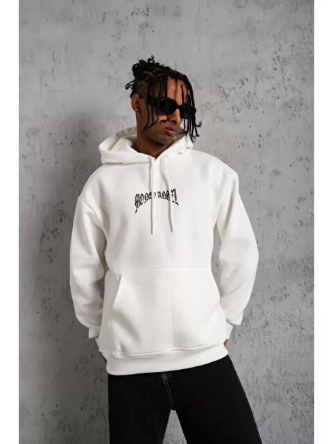 Jane's Erkek Kordon İpli Baskılı Kapüşonlu Sweatshirt - Beyaz