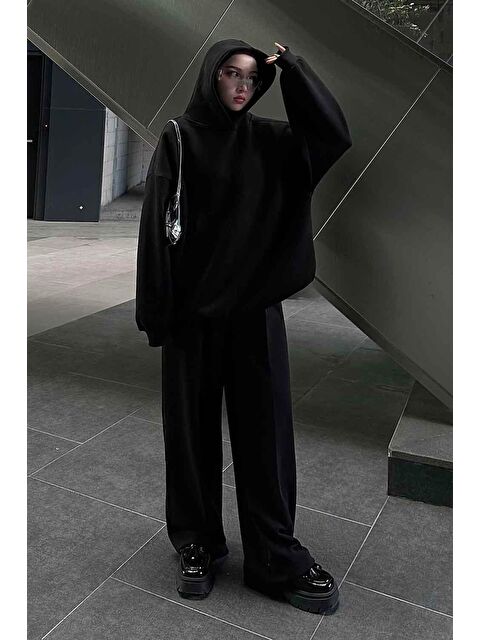 Lamelif Kapüşonlu Salaş Sweatshirt Siyah - S000517863-19351