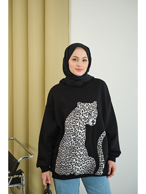 Locco Moda Kadın Leopar Kaplan Görünümlü Oversize Sweat Siyah - S000494469-19351