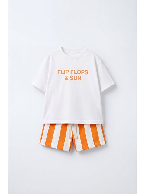 Magu Erkek Çocuk Pamuklu Beyaz Slogan Baskılı T-Shirt Şort Takım