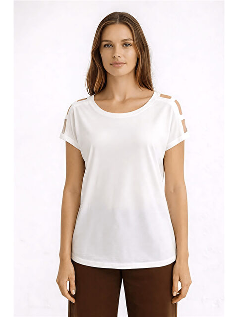 Fashion Friends Pamuk ve Modal Karışımlı Omuz Detaylı Kadın T Shirt 26Y0195K1