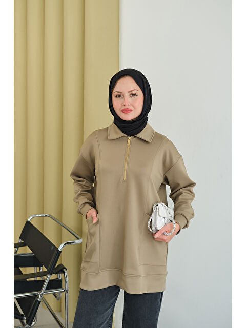 Locco Moda Kadın Cep Ve Yaka Detay Yarım Fermuarlı Sweat Yeşil - S000494470-18194