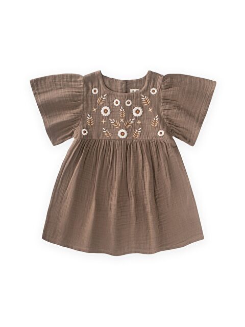 CİGİT Çiçek Nakışlı Kelebek Kol Elbise 2-8 Yaş Vizon