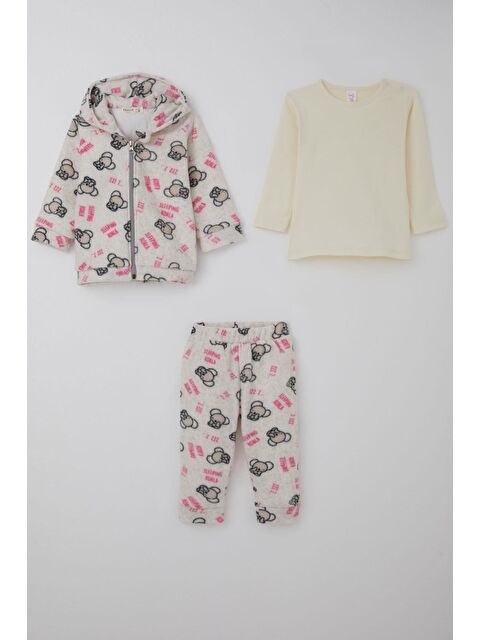 Breeze Kız Bebek Polar 3 Lü Bodyli Takım Uykucu Koala Desenli Kapüşonlu Bej Melanj (4 Ay-1 Yaş) - S000527118-19928