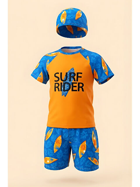 Modanino Erkek Çocuk 3'lü Mayo Takımı (Şort+Üst Mayo+Bone) 3-12 Yaş 12593B